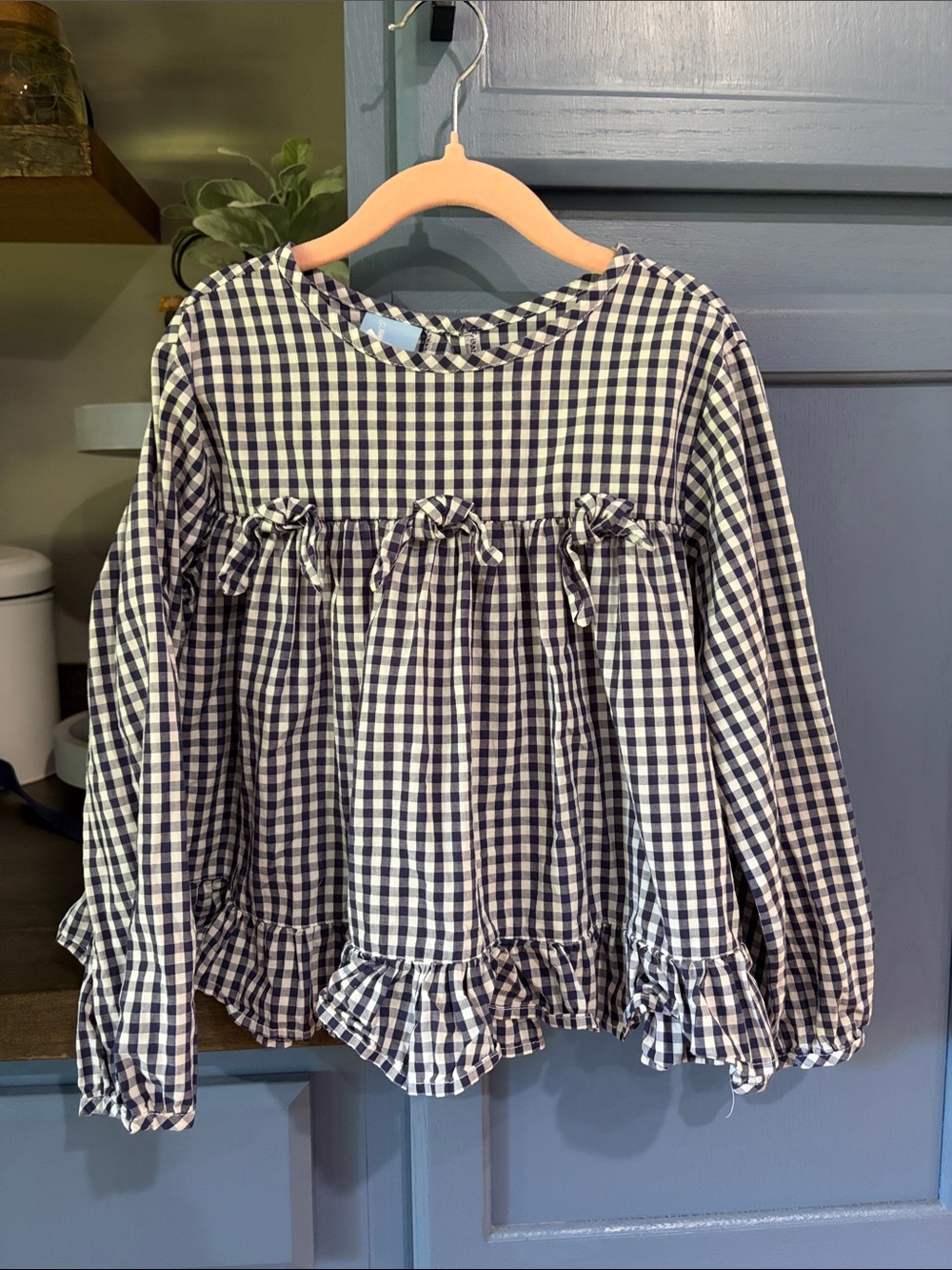 bella bliss Navy & White Gingham Long Sleeve Ruffle Top